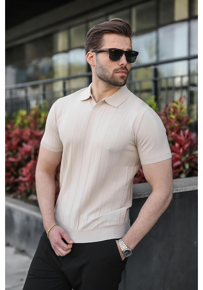 Madmext Taş Rengi Slim Fit Polo Yaka Triko Erkek Tişört E7491