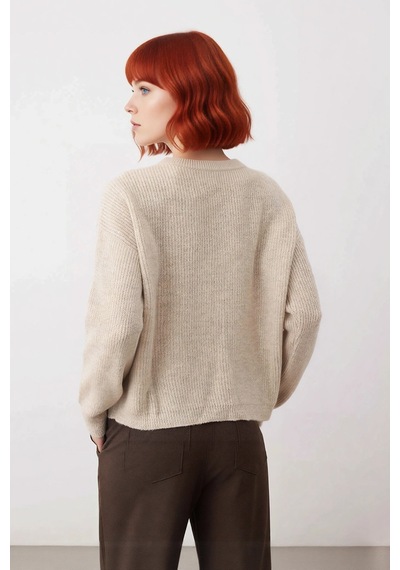 Ersefa Kadın Oversize Basic Dokulu Uzun Kollu Fermuarlı Dik Yaka Selanik Taş