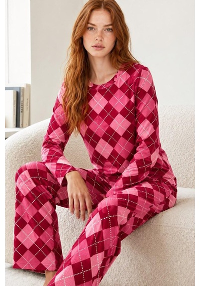 Kadın Çizgili Regular Fit Kırmızı Pijama Takımı 4766