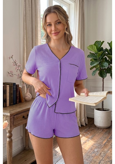 Bella Notte Lila Kısa Kollu V Yaka Biye Detaylı Pijama Takımı