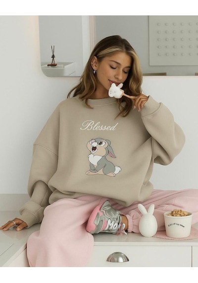 Benroma 3 İplik Penye Blessed Tavşan Baskılı Unisex Sweatshırt Bej