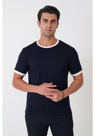 Efor Slim Fit Bisiklet Yaka Lacivert-ekru Tişört Ts 932