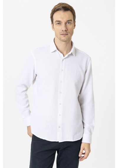 Süvari Ekru Slim Fit Desenli Klasik Yaka Gömlek