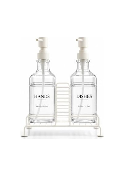 2&apos Li Stantlı Ekru Sıvı Sabunluk Seti, Mutfak Ve Banyo İçin Tezgah Üstü Pompalı Sabun Ve Deterjan Dispenseri, 500 Ml X 2 000 Açık Krem