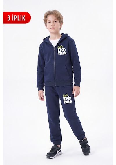 Fyk Kids 3 İplik Baskılı Fermuarlı Erkek Çocuk Eşofman Takımı Lacivert
