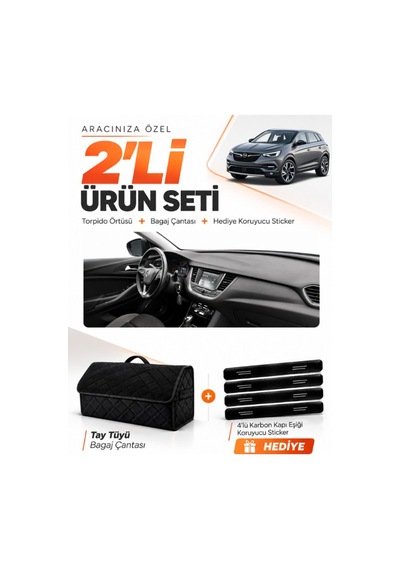 Opel Grandland X 2017-2020 Uyumlu Torpido Örtüsü + Tay Tüyü Bagaj Çantası + Sticker Seti - Siyah