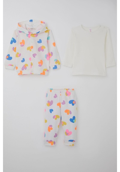 Breeze Kız Bebek Bodyli 3 Lü Takım Renkli Kalp Desenli 4 Ay-1 Yaş, Beyaz Beyaz