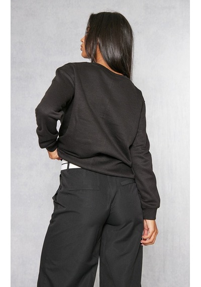 Düz Basic Sweatshirt - Siyah Uzun Kol Oversize Bisiklet Yaka Siyah