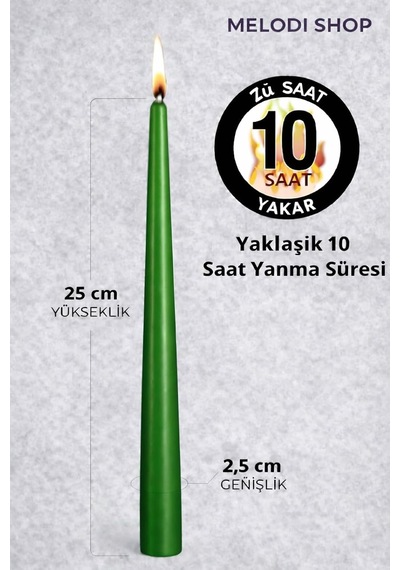 Yeşil Renk İnce Şamdan Mum Seti, 25 Cm Uzunluk, 10 Lu Paket, Dekoratif Taper Dilek Mum, Şık M