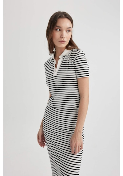 Defacto Fitted Çizgili Polo Yaka Kısa Kollu Tişört A0380AX23SM Beyaz