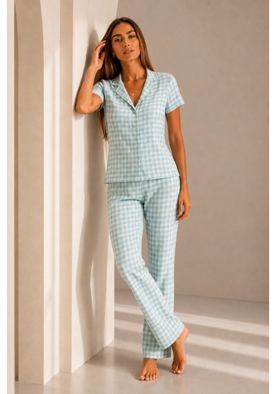 Kadın Kısa Kol Rahat Kalıp Şık Su Yeşili Pijama Takımı