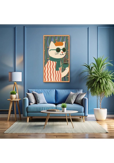 Gözlüklü Kahveci Kedi - Metal Tablo - Dec0329 36 X 65 Cm Çok Renkli