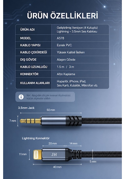 Lightning - 3.5mm Aux Ses Kablosu 1.5 Metre, Trrs 4 Kutuplu Mikrofon Destekli İphone İpad Uyumlu, Kulaklık Hoparlör Araç Ses Adaptörü, Örgülü Altın Kaplama A578e