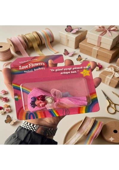 Love Flowers Gökkuşağı Temalı Mini Buket - Renkli Tasarım Hediyelik -