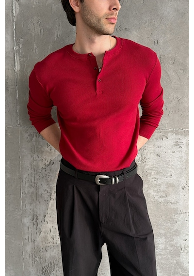 Erkek Henley Yaka Düğmeli Penye Bluz Kırmızı