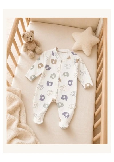 Ferasty İstanbul Unisex Bebek Tulum Fil Desenli Ekru