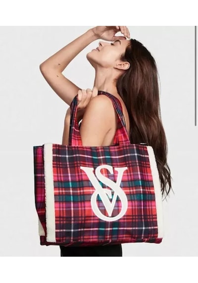 Victoria's Secret Kenarları Polarlı Ekoseli Tote Çanta Kırmızı