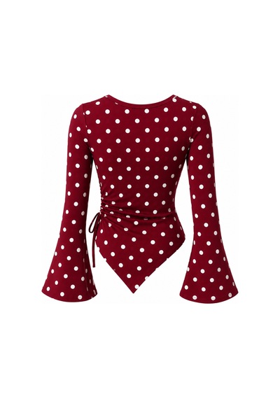 Meren Like Your Style Puantiyeli Yuvarlak Yaka Drape Detaylı İspanyol Kol Tesettür Uyumlu Üst Bluz Bordo Poantiye