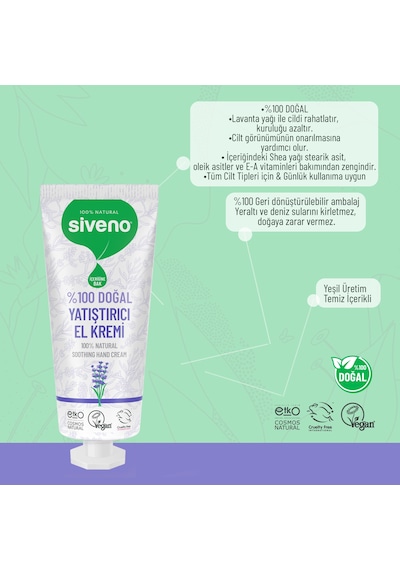 Siveno %100 Doğal El ve Vücut Kremi Lavanta Cilt Yatıştırıcı Onarıcı Yoğun Nemlendirici Vegan 30 ML