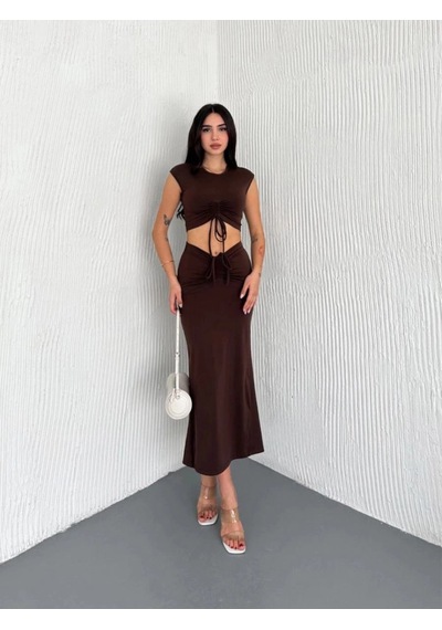 Freedom Store Osy Modal Yumuşak Dokulu Kumaş Büzgülü Crop Etek Takım -kahverengi
