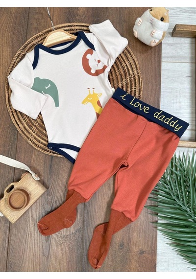 Tiwitibaby Safari Baskılı Çoraplı Alttan Çıtçıtlı Erkek Bebek Takım-zıbın Takım Kiremit