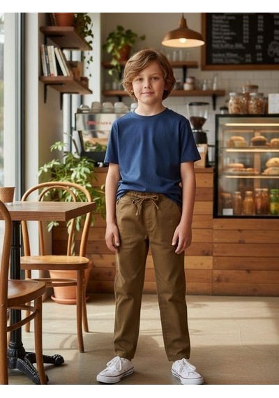 Zekids Erkek Çocuk Esnek Kumaş Beli Lastikli Pantolon-16399 Bej