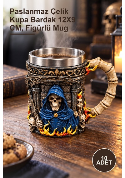 10 Adet Azrail Figürlü 3d Kabartmalı Kupa Paslanmaz Çelik Kupa Bardak 12x9 Cm, Figürlü Mug