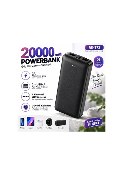 20000 Mah Çift Usb Çıkışlı Type-c Ve Micro Usb Girişli Led Göstergeli Taşınabilir Powerbank- Re-t73 Diğer