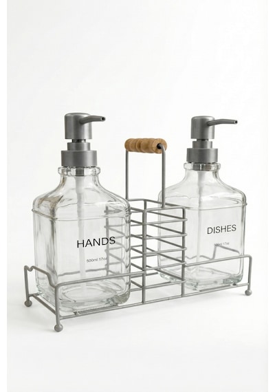 Makri Home Lüks Bambu Kulplu Gri Metal Stantlı İkili Cam Sıvı Sabunluk 500 Ml, 23x9x23,5 Cm