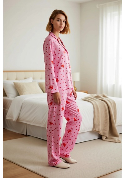 Benerly Kadın Gömlek Yaka Standart Kol Regular Kalıp Dokuma Pijama Takımı Pembe
