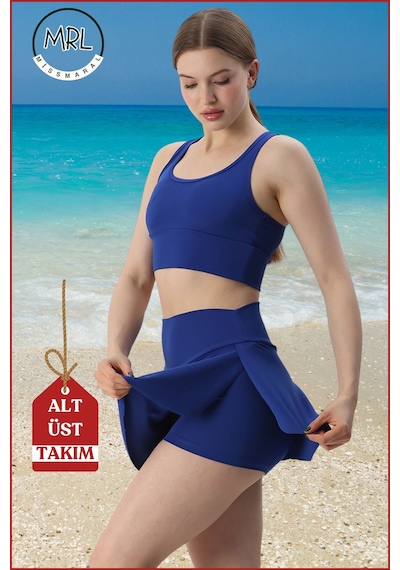 Missmaral Kadın Alt-üst Takım Şort & Sabit Pedli Üst Crop Denizde Havuzda Sporda Swimsuit Mavi Takım3107 Mavi