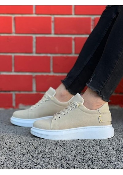 Erkek Süet Spor Günlük Ayakkabı Yüksek Kalın Taban Bağcıklı Sneaker Bej