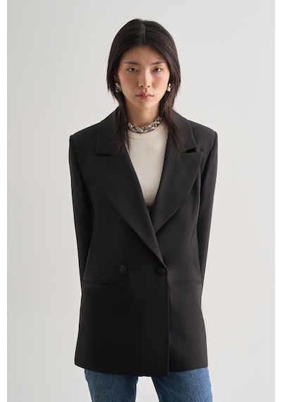 Mizalle Oversize Çift Yırtmaçlı Siyah Blazer Ceket Siyah