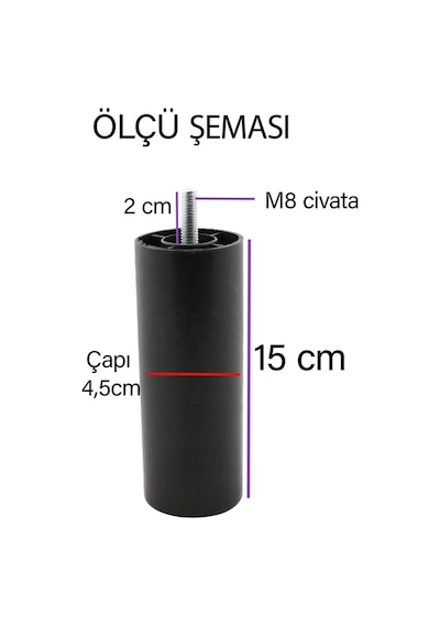 Destek Ayağı 15 Cm Siyah Ve Metal Düz Ayak Tabanı M8 Civatalı İnce Diş Mobilya Kanepe Baza Koltuk Seti