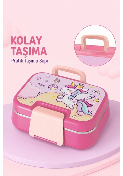 Happi Unicorn Paslanmaz Çelik Bölmeli Beslenme Kutusu 1030 Ml Çatal Kaşık Dahil Pembe