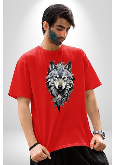 Beyaz Kurt Pamuklu Bisiklet Yaka Unisex Oversize Boyfriend Dijital Baskılı Kırmızı T-shirt Kırmızı