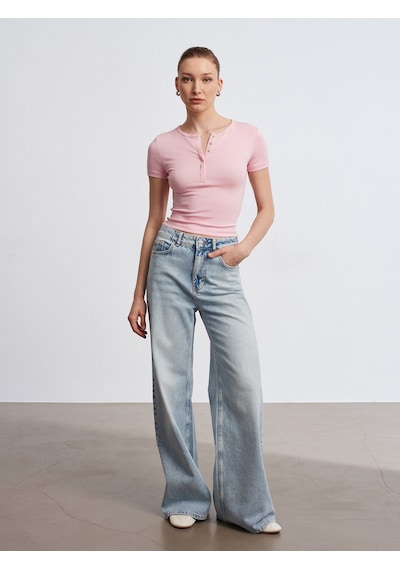 Dilvin 31704 Çıtçıt Düğmeli Kısa Kollu Top-toz Pembe Toz Pembe