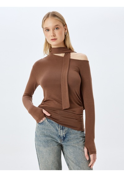 Koton Uzun Kollu Asimetrik Yaka Bağlama Detaylı Slim Fit Tişört Kahverengi 5wal10753ık Kahve