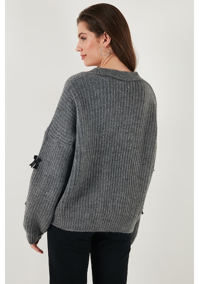 Lela Oversize Fit V Yaka Fiyonk Detaylı Düğmeli Bayan Hırka 4615577 Antrasit