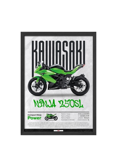 Kawasaki Ninja 250 Sl Siyah Ahşap Çerçeveli Poster, Dekoratif Motosiklet Duvar Tablosu