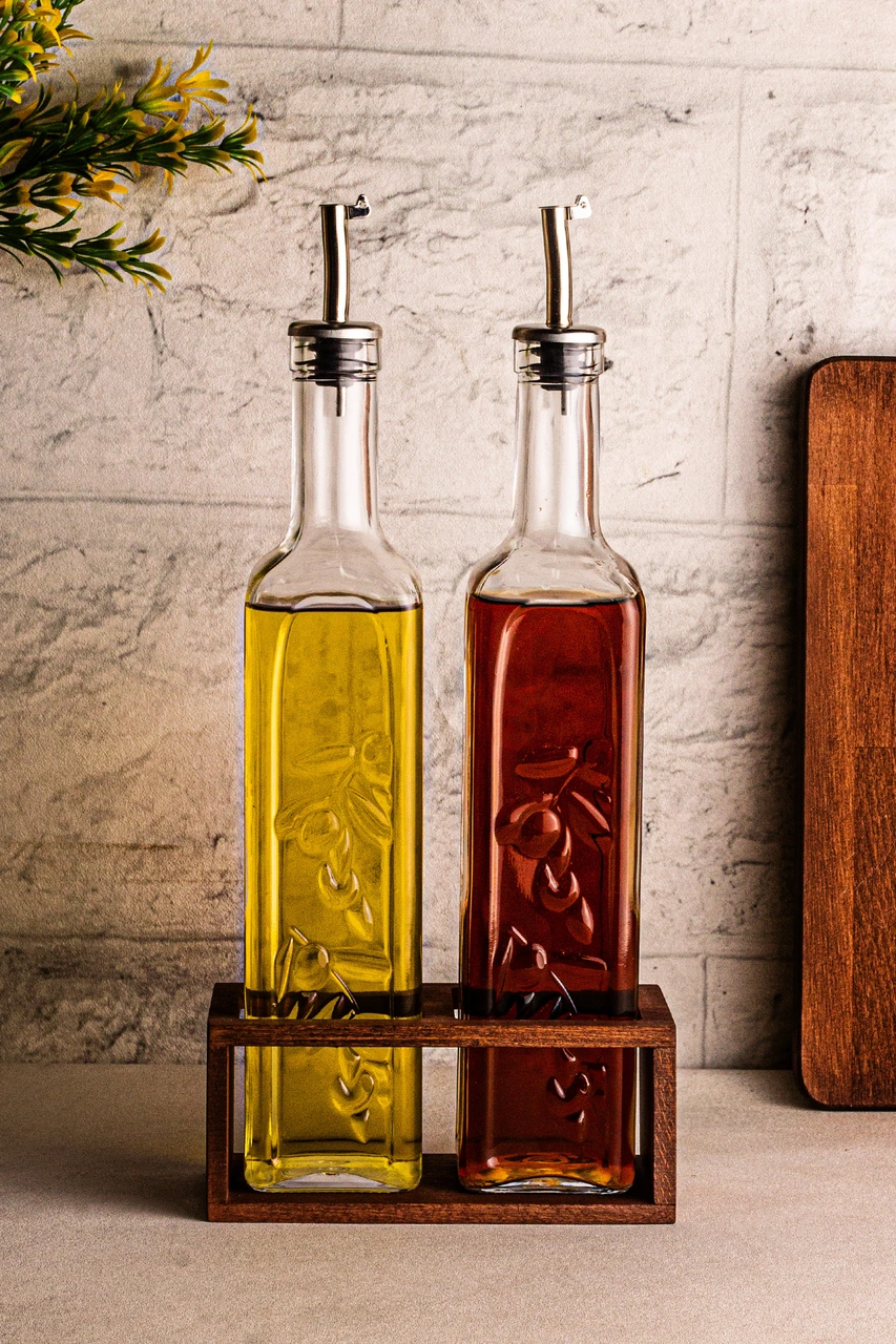 Snippy Olea - 2'li Ahşap Yüksek Standlı Cam Zeytinyağı Şişesi Yağlık Damlatmaz Yağlık Sirkelik 500ml Ahşap
