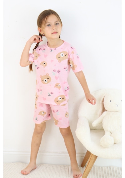 Kız Çocuk Pamuklu Penye Kumaş Şortlu Pijama Takımı Beyaz - Pembe