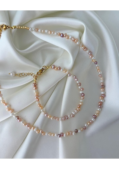 Minimal Renkli Gerçek İnci Set - Kolye & Bileklik Çok Renkli