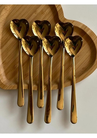 Kalp Şekilli Dondurma Ve Tatlı Kaşığı, Çelik, 6 Adet, Çok Renkli, 18 Cm, Altın Renk Kaplama Diğer