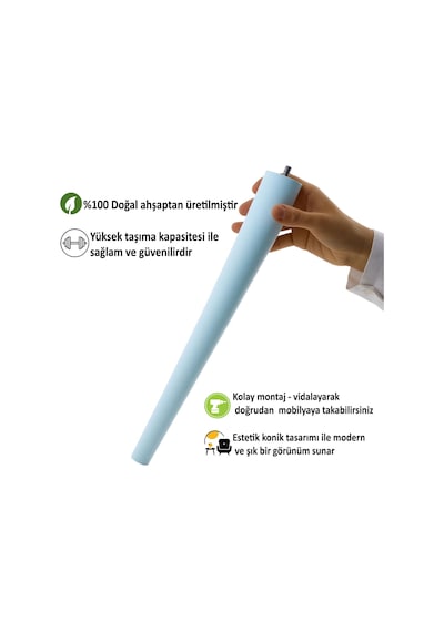 4 Adet Ahşap Ayak 45 Cm Açık Mavi M8 Civatalı Bağlantı Aparatlı Mobilya Tabure Sehpa Masa Destek Ayağı Mavi