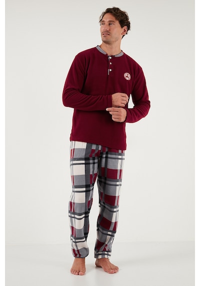Buratti Ekoseli Regular Fit Düğmeli Bisiklet Yaka Kışlık Polar Erkek Pijama Takımı 60961008 Bordo