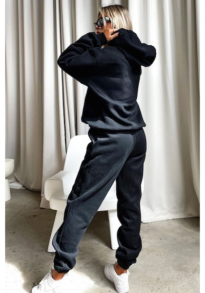 Usa Eşofman Takımı Sweatshirt Jogger - Siyah Baskılı Oversize Şardonlu Kapüşonlu Siyah