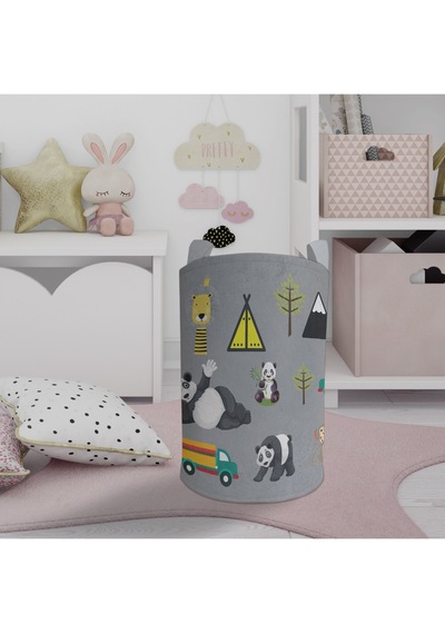 Mekta Home Bebek Ve Çocuk Odası Arabalı Yollu Panda Desenli Oyuncak Sepeti Renkli Çok Renkli