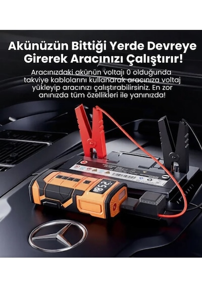 A5577 Akü Takviyeli Hava Kompresörü 4'ü 1 Arada Powerbank, Hava Kompresörü, Lcd Ekran, 8.000mah 150psı