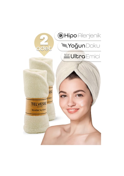2 Adet Mikrofiber Saç Havlusu Lastikli Plaj Deniz Havuz Bonesi Banyo Saç Kurutma Baş Havlusu Krem Krem
